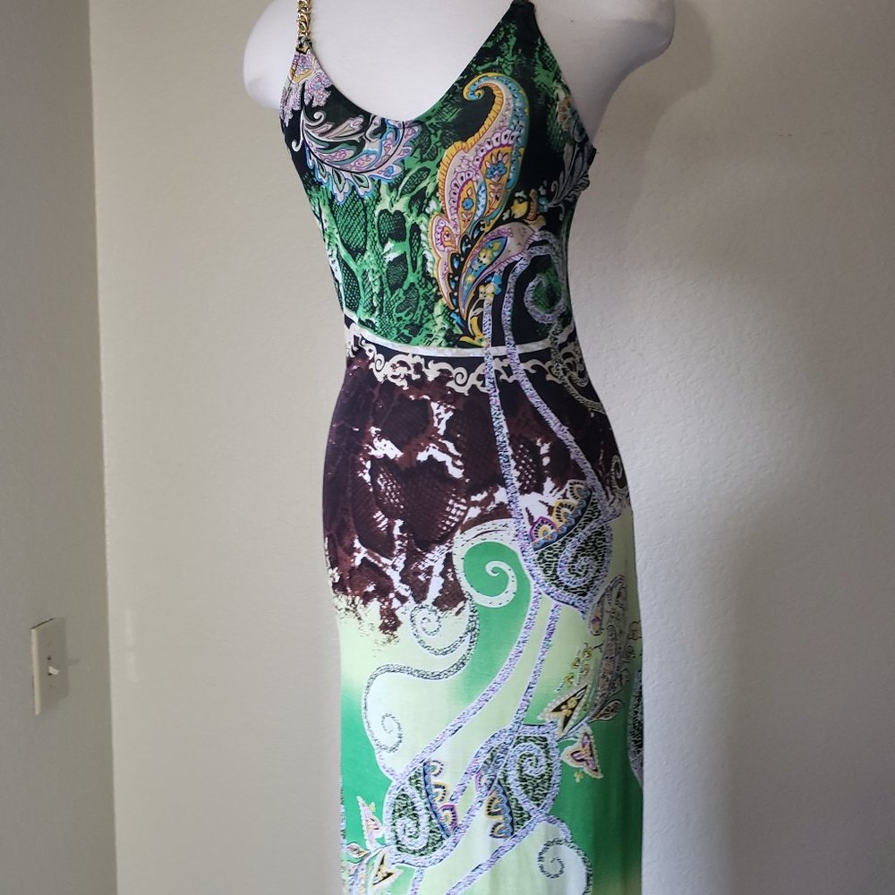 Funky & Sexy Green & Colorful Paisley Dress W/ Gold Straps S-M